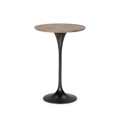 Mesa de comedor alta industrial moderna en madera natural y base cónica de metal negro.