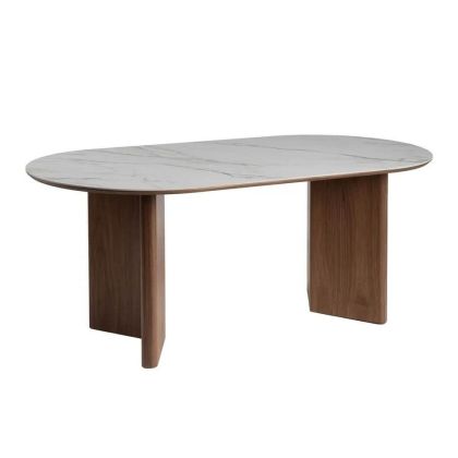 Mesa de comedor nórdico moderno con sobre de cerámica blanco y base de dm nogal.