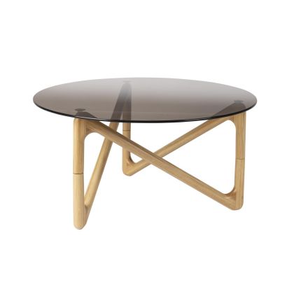 Mesa de centro moderna redonda en madera de roble beige y sobre de cristal transparente.