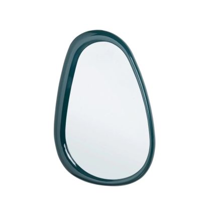 Espejo de forma ovalada diseño moderno en dm azul oscuro brillante y vidrio.