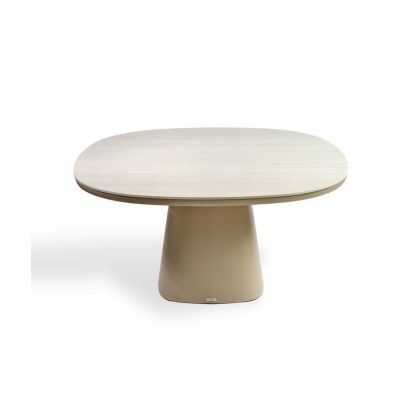 Mesa de comedor nórdica en aluminio arena con sobre de cerámica blanca.