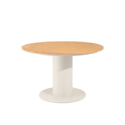 Mesa de comedor exterior nórdica en polimadera natural y acero galvanizado beige.