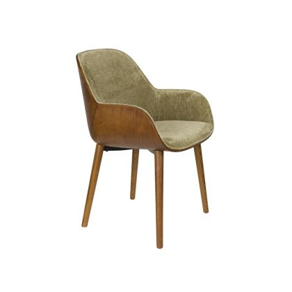 Silla moderna en madera de fresno marrón tapizada en tejido verde.