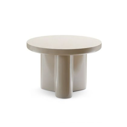 Mesa auxiliar redonda de diseño moderno en fibra de vidrio alto brillo beige.
