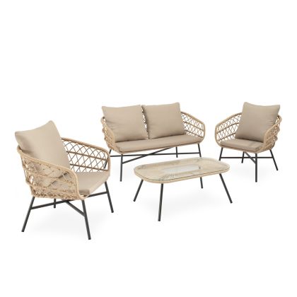 Conjunto de jardín tropical un sofá, sillones y una mesa de centro en cuerda beige, acero negro y cristal templado.