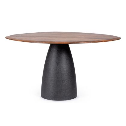 Mesa de comedor contemporánea con sobre de madera de mango natural y base de acero negro.