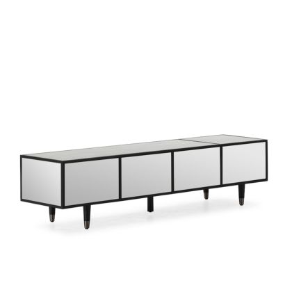 Mueble de TV art decó en madera negra con espejos revestidos transparentes.