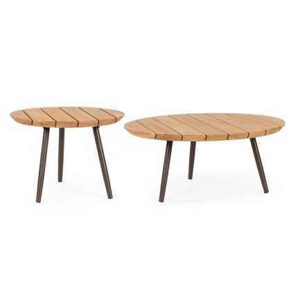 Set 2 mesa centro jardín con sobre de madera de teca natural y patas de acero marrón.