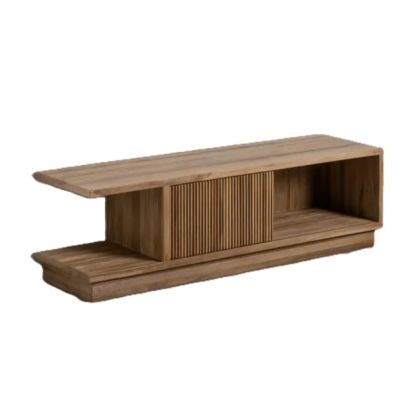 Mueble de TV nórdico en madera de teca natural con listones verticales.