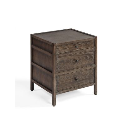 Mesita de noche vintage en madera de roble grisáceo.