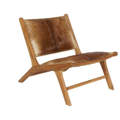 Brown Cowhide Teak Wood Armchair, 65 Cm