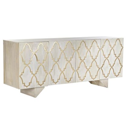 Aparador Madera de Mango 4 Puertas Blanco Dorado, 177 Cm