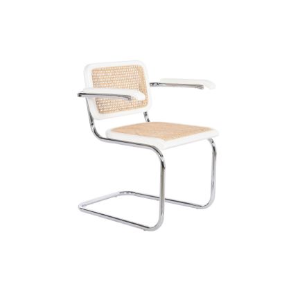 Silla nórdica en madera de olmo blanca, ratán natural y acero plateado.