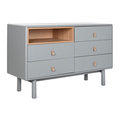 Cómoda moderna en madera gris mate y natural.