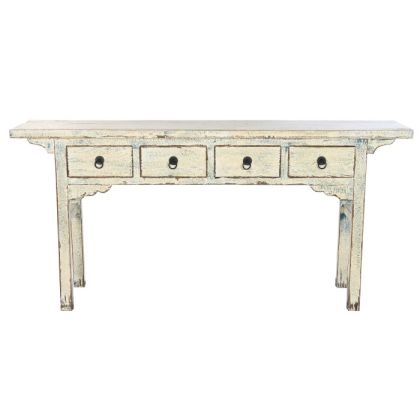 4-Drawer Solid Elm Wood Console White Lacquered, 178X38X85 Cm