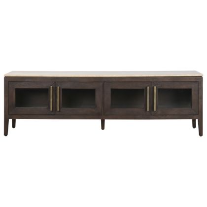 TV Stand 4 Doors Glass Travertine Mango Wood, 180 Cm