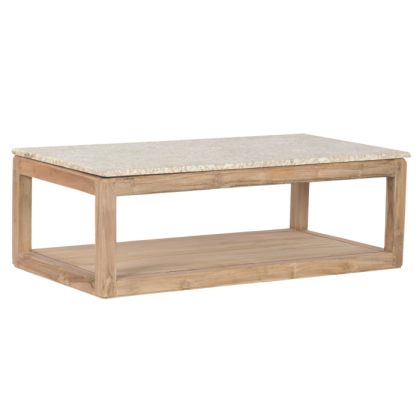 Mesa de centro nórdico en madera reciclada natural y sobre de mármol beige.