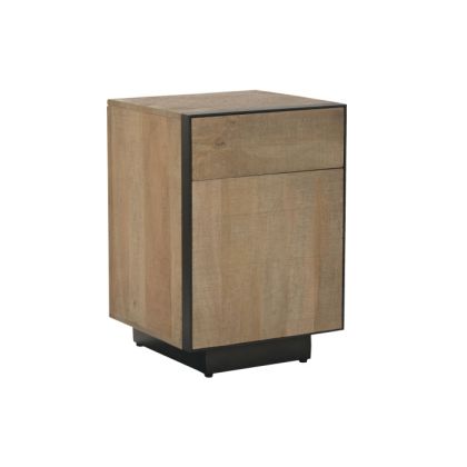 Mesita de noche industrial en madera de mango natural arenado y metal negro.