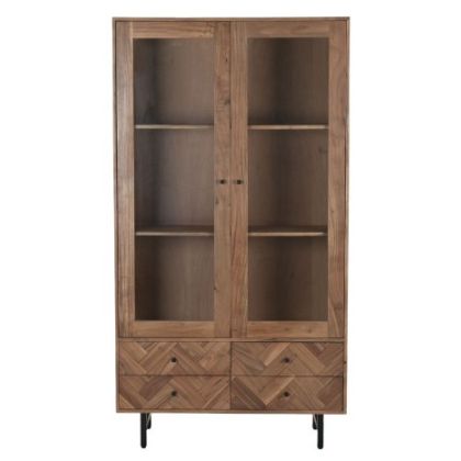 Herringbone Design Glass and Acacia Wood Display Cabinet 100X40X185 Cm
