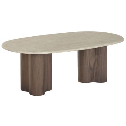 Mesa de centro nórdica moderna con sobre de granito beige y patas de madera marrón.