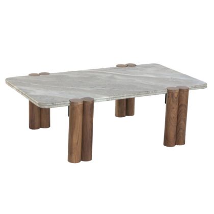 Mesa de centro nórdica moderna con sobre de mármol gris y patas de madera de mango marrón.