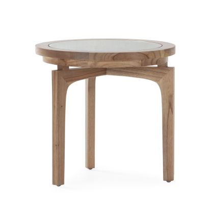 Mesa auxiliar en madera de cedro natural velado y sobre circular de cristal 50 cm