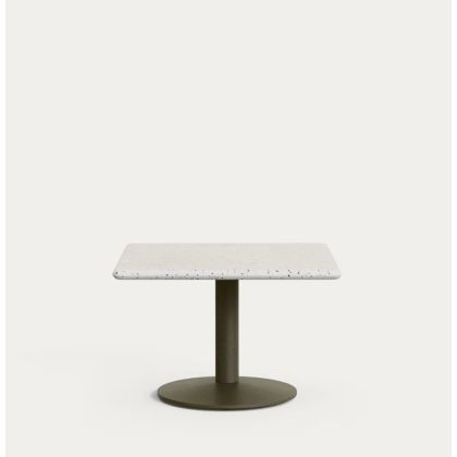Mesa auxiliar de exterior en acero verde y sobre de terrazo blanco 70 cm