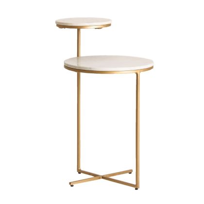 Mesa Auxiliar Redonda Blanco Oro Art Decó, 52 Cm