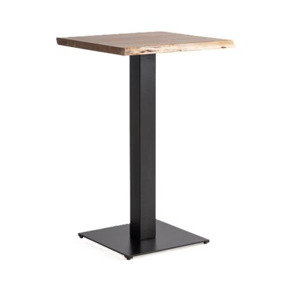 Mesa alta de bar industrial en madera de mango marrón natural y base de hierro negro mate.