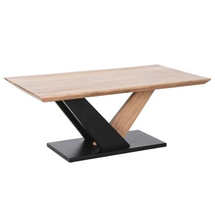 Mesa de centro industrial en madera de acacia natural y metal negro.