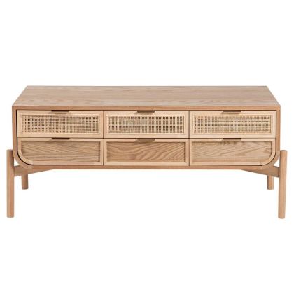 Mesa Centro Madera Ratán Natural 6 Cajones, 110 Cm