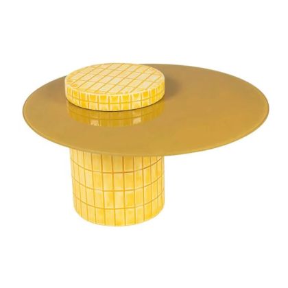 Mesa Centro Ovalada Cristal Metal Amarillo, 80 Cm