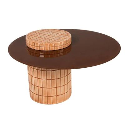 Mesa Centro Ovalada Cristal Metal Terracota, 80 Cm