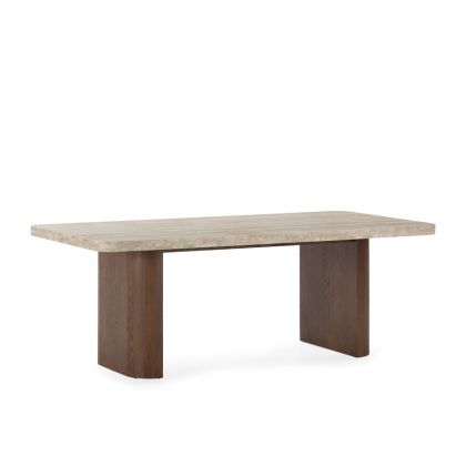 Mesa de comedor en madera de roble marrón y sobre de mármol travertino crema 213 cm