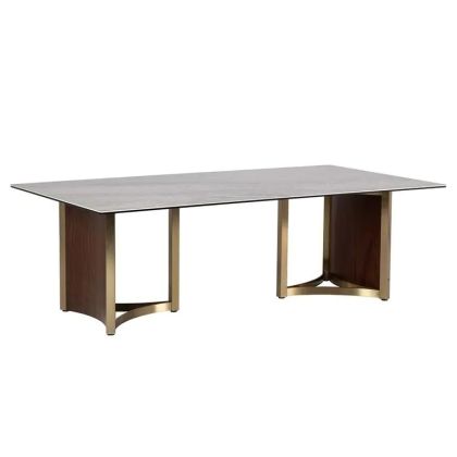 Mesa Comedor Cristal Templado Acero Oro Piedra Marrón, 240 Cm