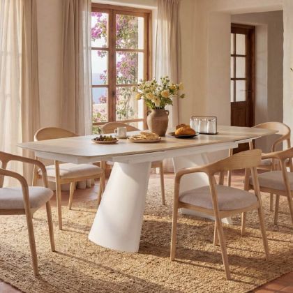 Mesa Comedor Extensible Porcelánico Beige Metal Blanco, 160/240 Cm
