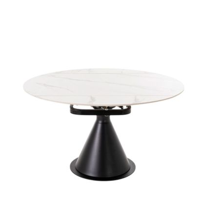Mesa de comedor extensible en porcelánico blanco y metal negro.