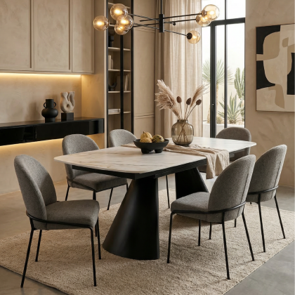 Mesa Comedor Extensible Porcelánico Blanco Metal Negro, 140/200 Cm