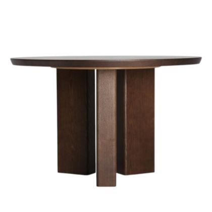 Mesa de comedor redonda en madera dm y chapa de fresno marrón.
