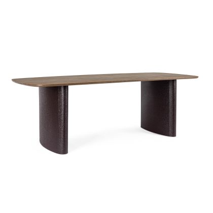 Mesa de comedor en madera de mango marrón y acero efecto piedra oscuro.