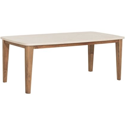 Mesa de comedor en madera de teca reciclada natural y sobre en mortero blanco.