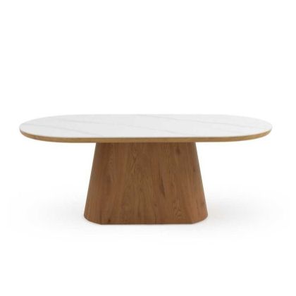 Mesa Comedor Ovalada Roble Sobre Cerámica Mármol Blanco, 200 Cm