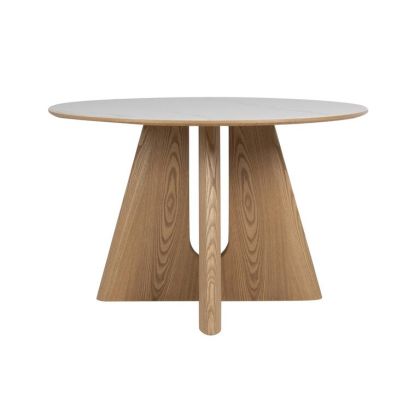 Mesa Comedor Redonda Cerámica Blanco Madera Natural, 120 Cm