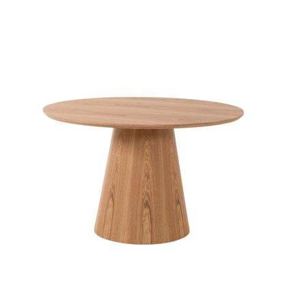 Mesa de comedor redonda en madera de roble natural.