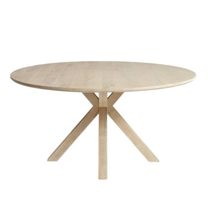 Mesa de comedor redonda en madera de roble natural blanqueado.