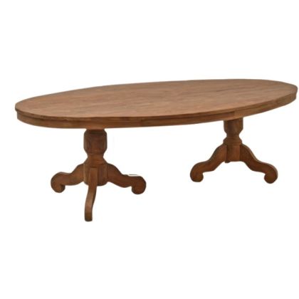 Mesa de comedor ovalada en madera de teca natural.
