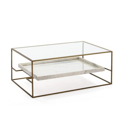 Mesa de centro en mármol blanco con metal enmarcado dorado y sobre de cristal. Mesa de centro en mármol blanco con metal enmarcado dorado y sobre de cristal.