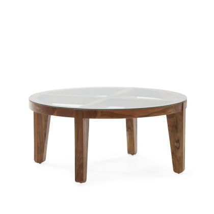 Mesa de centro en madera de teca natural y sobre de cristal transparente 90 cm