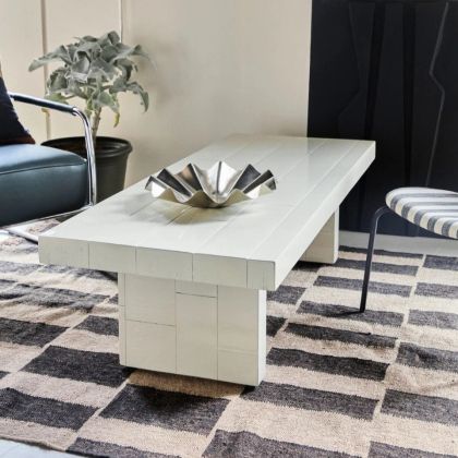 Mesa de centro con baldosas de madera de mango en arena brillante 150 cm