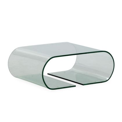 Mesa de centro moderna en cristal transparente.